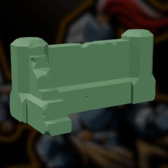 Prefab L-shaped wall STL for tabletop terrain, showing a damaged support-free 3D printable industrial wall